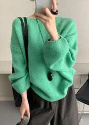 Simple Green O Neck Patchwork Knit Sweater Tops Lantern Sleeve