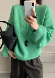Simple Green O Neck Patchwork Knit Sweater Tops Lantern Sleeve