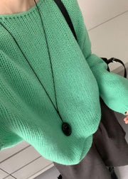 Simple Green O Neck Patchwork Knit Sweater Tops Lantern Sleeve