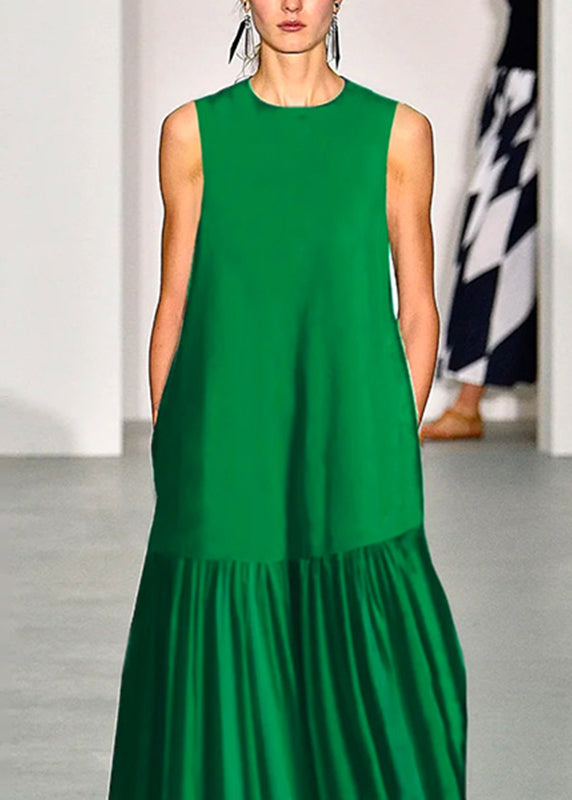 Simple Green O-Neck Patchwork Maxi Dresses Sleeveless