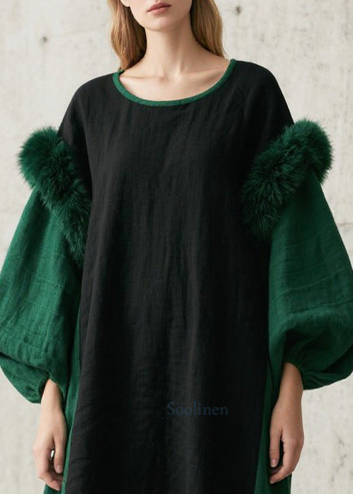 Simple Green Oversized Patchwork Faux Fur Dresses Lantern Sleeve
