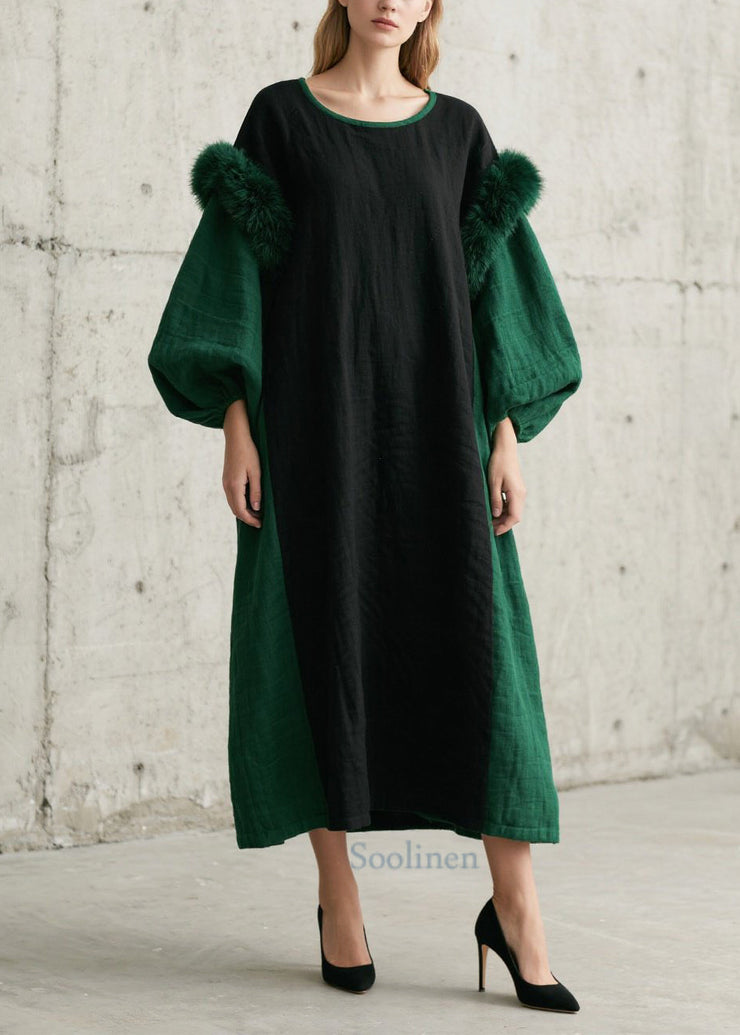 Simple Green Oversized Patchwork Faux Fur Dresses Lantern Sleeve