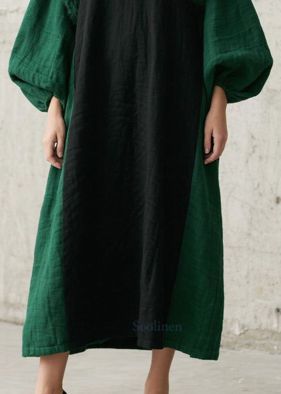 Simple Green Oversized Patchwork Faux Fur Dresses Lantern Sleeve