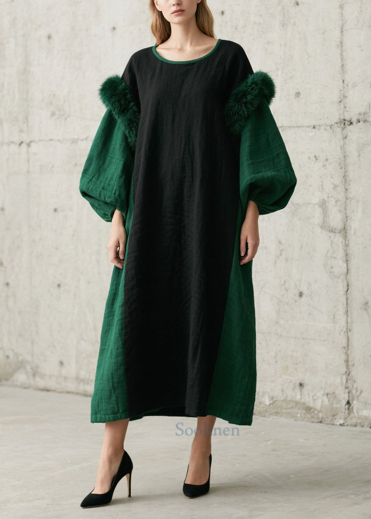 Simple Green Oversized Patchwork Faux Fur Dresses Lantern Sleeve