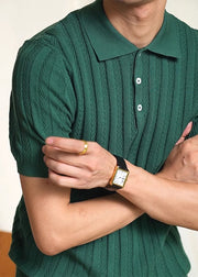 Simple Green Peter Pan Collar Butto Cable Knit Polo Shirt Mens Summer