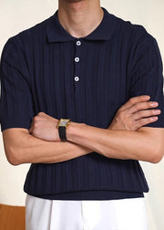 Simple Green Peter Pan Collar Butto Cable Knit Polo Shirt Mens Summer