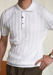 Simple Green Peter Pan Collar Butto Cable Knit Polo Shirt Mens Summer