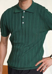 Simple Green Peter Pan Collar Butto Cable Knit Polo Shirt Mens Summer
