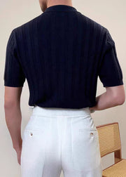 Simple Green Peter Pan Collar Butto Cable Knit Polo Shirt Mens Summer