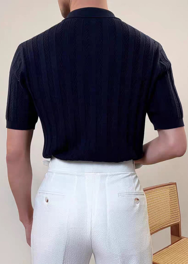Simple Green Peter Pan Collar Butto Cable Knit Polo Shirt Mens Summer