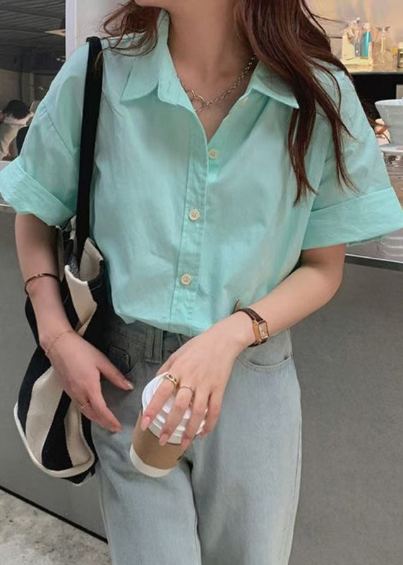 Simple Green Peter Pan Collar Button Cotton Shirt Summer