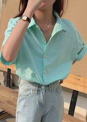 Simple Green Peter Pan Collar Button Cotton Shirt Summer