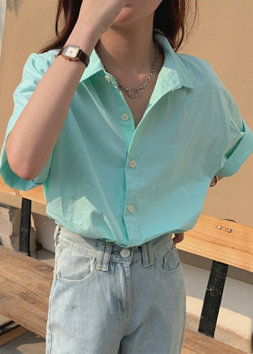 Simple Green Peter Pan Collar Button Cotton Shirt Summer