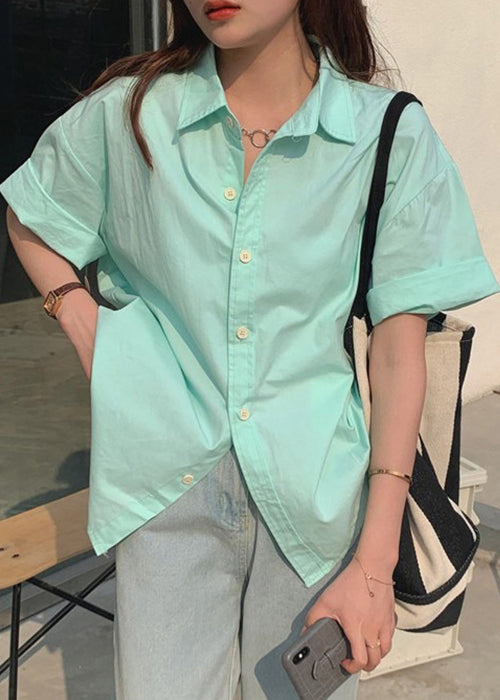 Simple Green Peter Pan Collar Button Cotton Shirt Summer