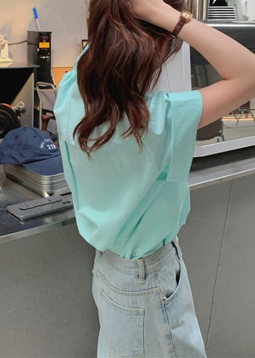 Simple Green Peter Pan Collar Button Cotton Shirt Summer
