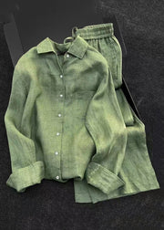 Simple Green Peter Pan Collar Shirt And Pants Linen Two Pieces Set Fall
