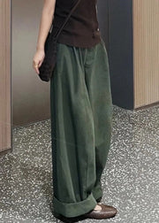 Simple Green Pockets High Waist Cotton Wide Leg Pants Fall