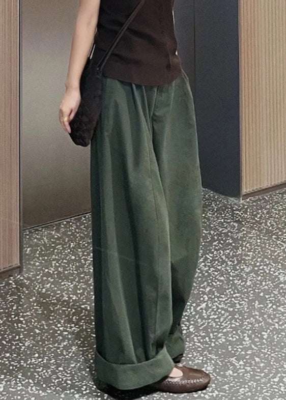 Simple Green Pockets High Waist Cotton Wide Leg Pants Fall