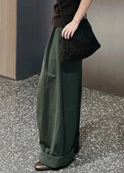 Simple Green Pockets High Waist Cotton Wide Leg Pants Fall