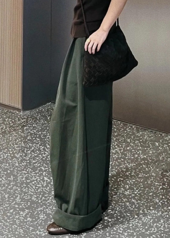Simple Green Pockets High Waist Cotton Wide Leg Pants Fall