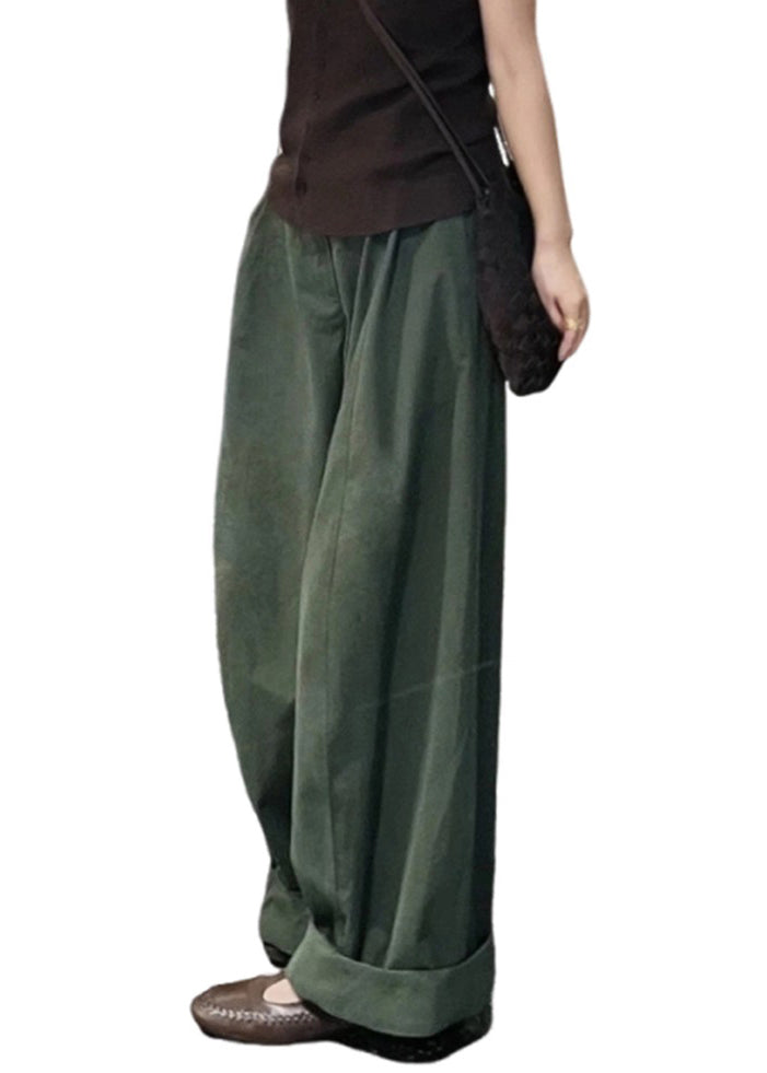 Simple Green Pockets High Waist Cotton Wide Leg Pants Fall