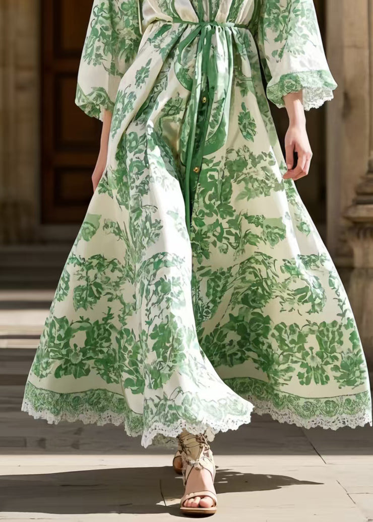 Simple Green Print Robe Dresses Exra Large Hem Spring