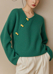 Simple Green V Neck Button Solid Knit Sweater Fall
