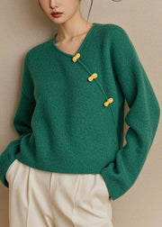 Simple Green V Neck Button Solid Knit Sweater Fall