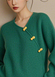 Simple Green V Neck Button Solid Knit Sweater Fall