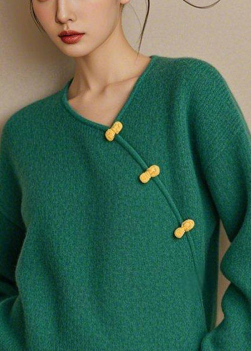 Simple Green V Neck Button Solid Knit Sweater Fall