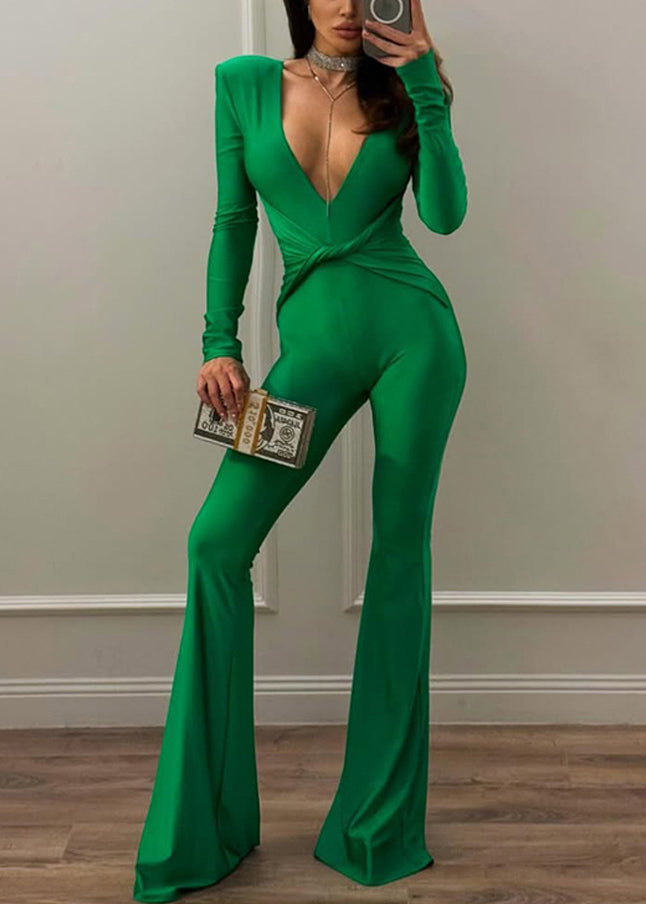 Simple Green V Neck High Waist Solid Cotton Flared Trousers Jumpsuit Spring
