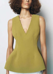 Simple Green V Neck Zippered Spandex Tops Sleeveless