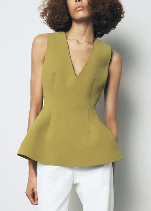 Simple Green V Neck Zippered Spandex Tops Sleeveless