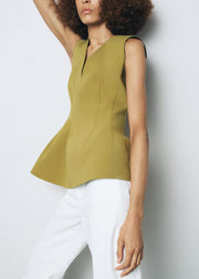 Simple Green V Neck Zippered Spandex Tops Sleeveless