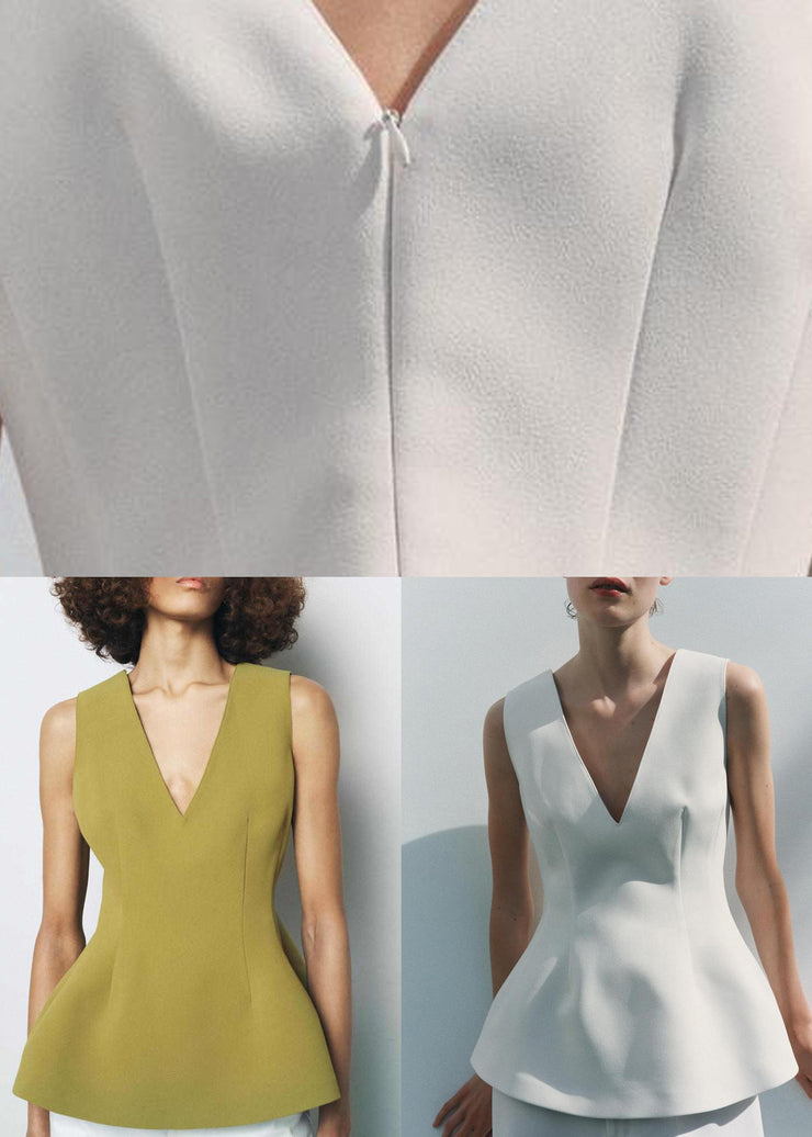 Simple Green V Neck Zippered Spandex Tops Sleeveless