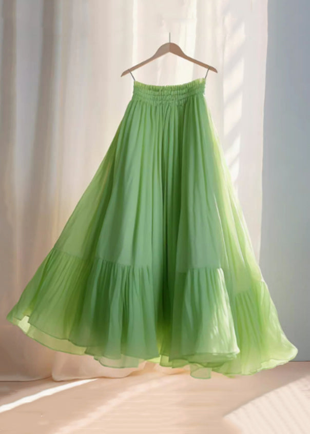 Simple Green Wrinkled Elastic Waist Chiffon Skirt Summer