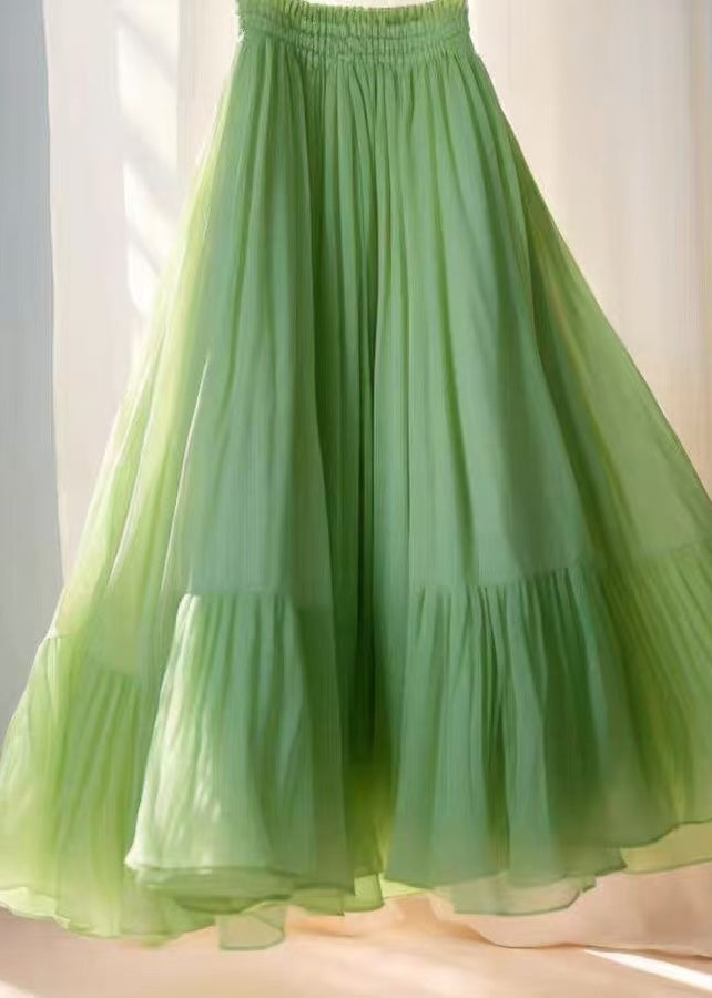 Simple Green Wrinkled Elastic Waist Chiffon Skirt Summer