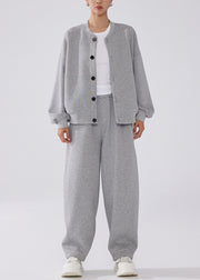 Simple Grey Button Pockets Elastic Waist Warm Fleece Two-Piece Set Winter