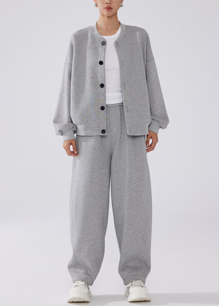 Simple Grey Button Pockets Elastic Waist Warm Fleece Two-Piece Set Winter