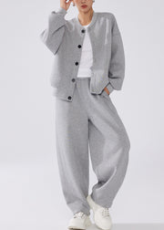 Simple Grey Button Pockets Elastic Waist Warm Fleece Two-Piece Set Winter