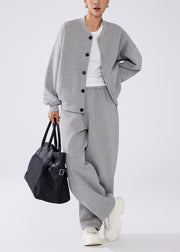 Simple Grey Button Pockets Elastic Waist Warm Fleece Two-Piece Set Winter