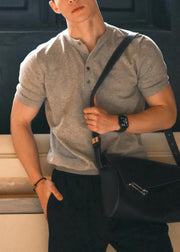 Simple Grey Button Solid Cotton T Shirts Men Summer