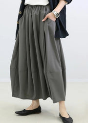 Simple Grey Elastic Waist Patchwork Cotton Skirt Fall