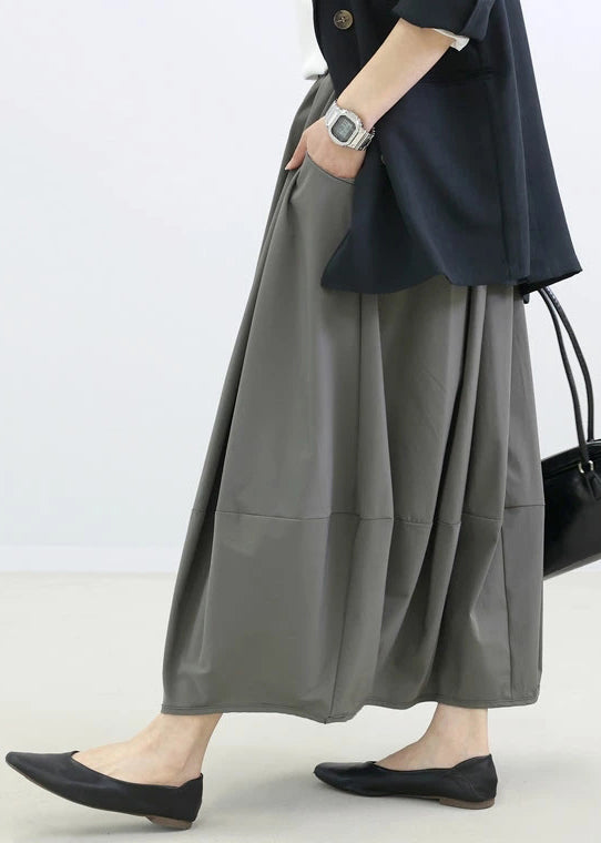 Simple Grey Elastic Waist Patchwork Cotton Skirt Fall