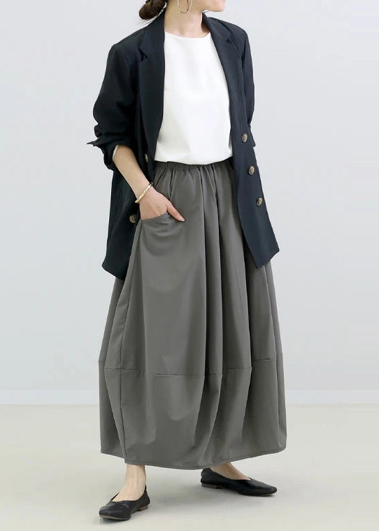 Simple Grey Elastic Waist Patchwork Cotton Skirt Fall
