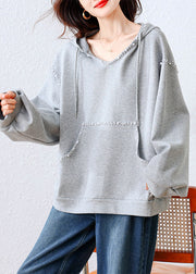 Simple Grey Hooded Nail Bead Cotton Sweatshirts Tracksuits Fall