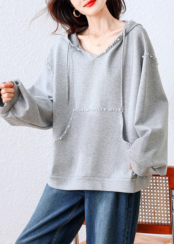 Simple Grey Hooded Nail Bead Cotton Sweatshirts Tracksuits Fall