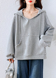 Simple Grey Hooded Nail Bead Cotton Sweatshirts Tracksuits Fall