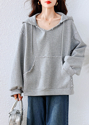 Simple Grey Hooded Nail Bead Cotton Sweatshirts Tracksuits Fall