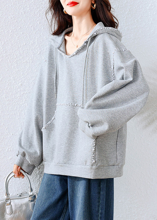 Simple Grey Hooded Nail Bead Cotton Sweatshirts Tracksuits Fall